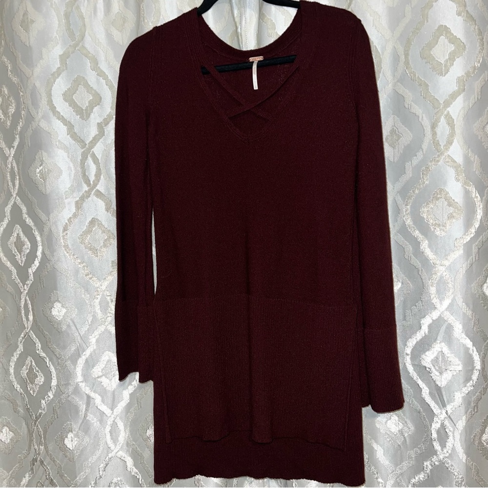 Free People Burgundy Criss Cross Tunic Sweater Dress - Picture 2 of 13